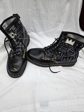 Dr. Martens Black Graffiti Lace-Up Boots with Yellow Stitching